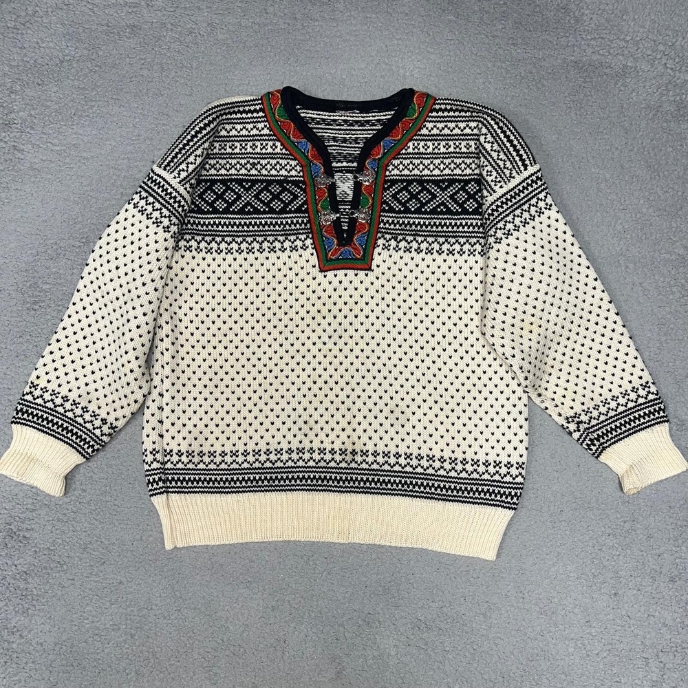 VTG Dale Of Norway Sweater Women Sz L Cream Pure Wool Geometric Pullover Grandma